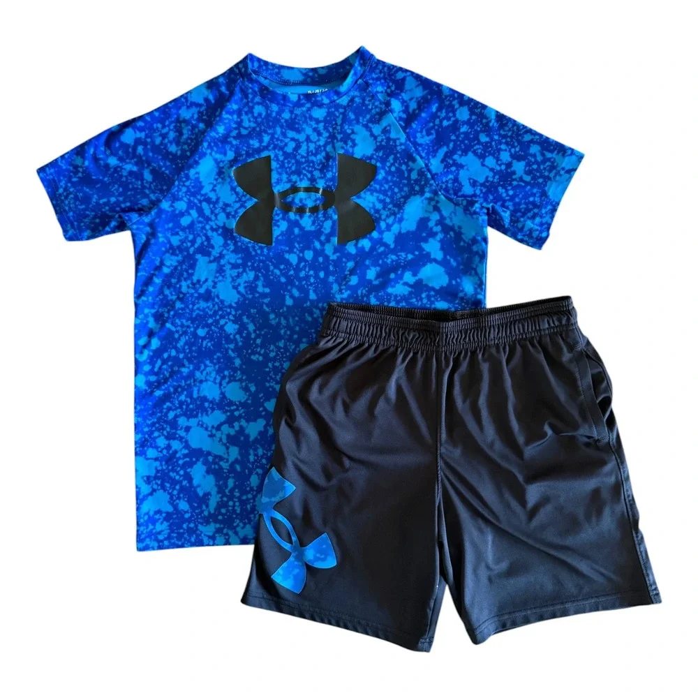 Under Armour Boys Blue Black Splatter Athletic Shirt Shorts Set - Youth Large